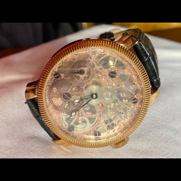 Akribos XXIV AK418RG Rose Gold Mechanical Skeleton Watch w/Black Leather band - Picture 2 of 8